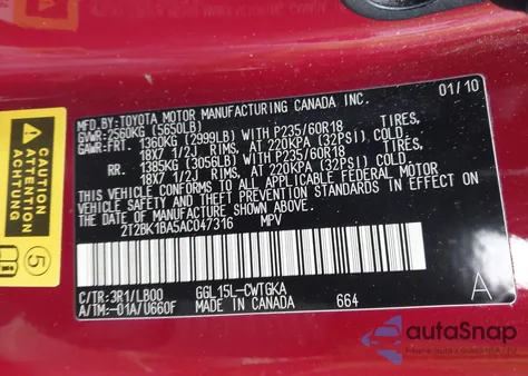 2010 Lexus Rx 350 z USA, uszkodzony, nr VIN 2T2BK1BA5AC047316